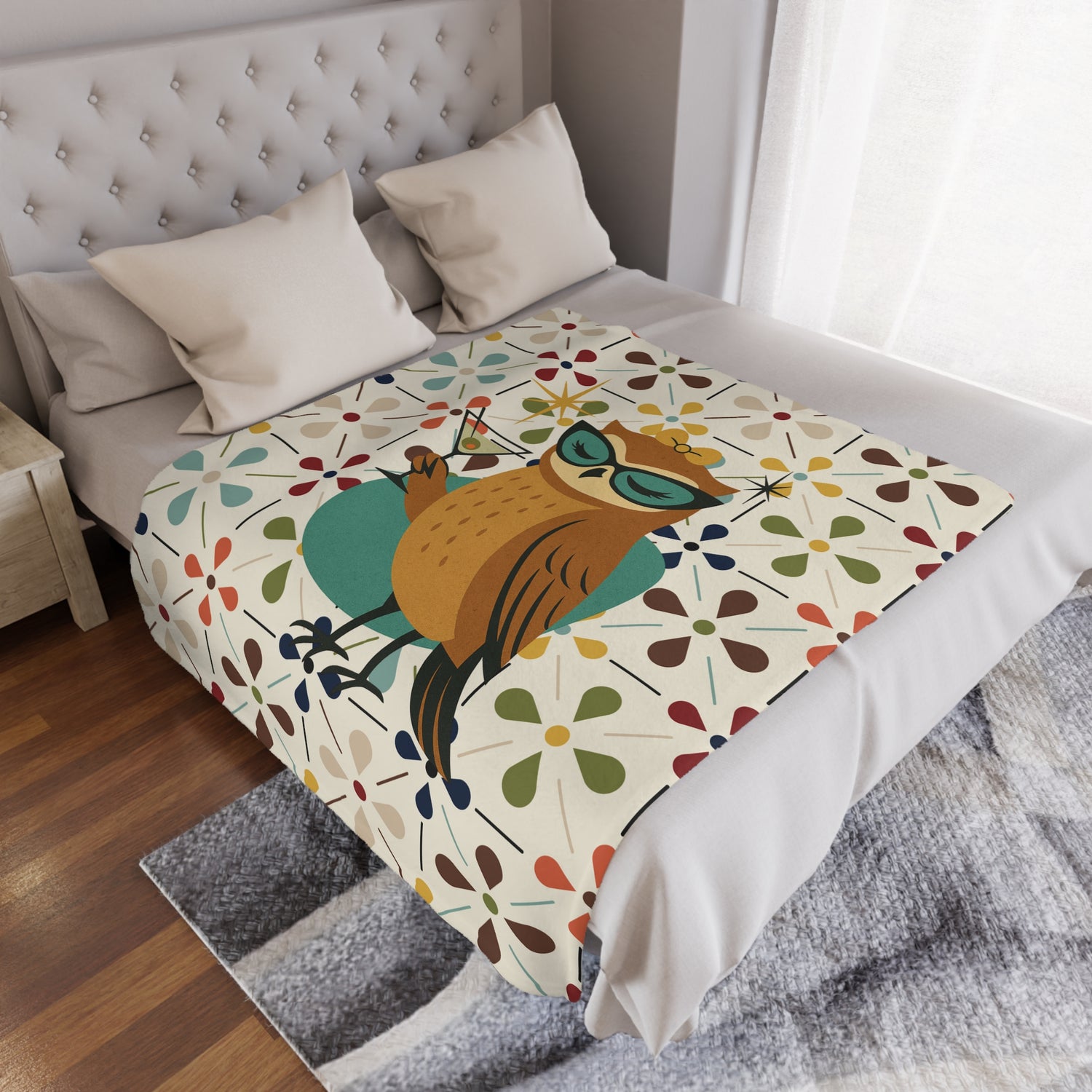 Mid Century Modern Scandinavian Flower, Kitschy Cocktail Owl Soft Minky Blanket - Mid Century Modern Gal