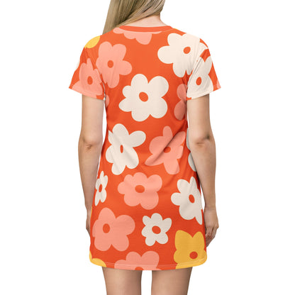 Retro Flower Power, 70s Floral Print T-Shirt Dress - Summer Vibes for Casual Outings - Mid Century Modern Gal
