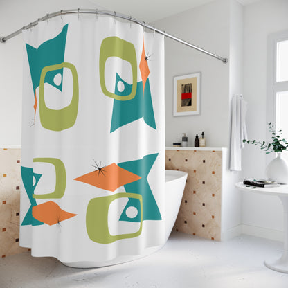 Mid Century Modern Geometric Shower Curtain, Orange, Green, Teal- Stylish Bathroom Decor - Mid Century Modern Gal