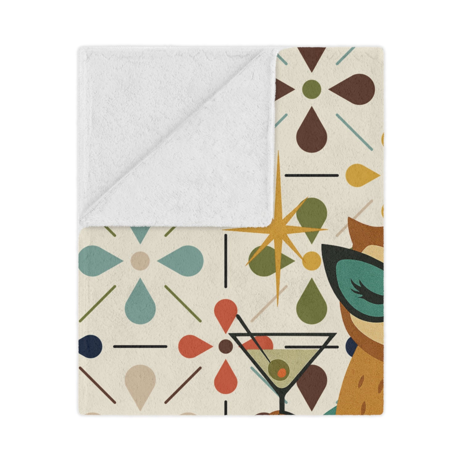 Mid Century Modern Scandinavian Flower, Kitschy Cocktail Owl Soft Minky Blanket - Mid Century Modern Gal