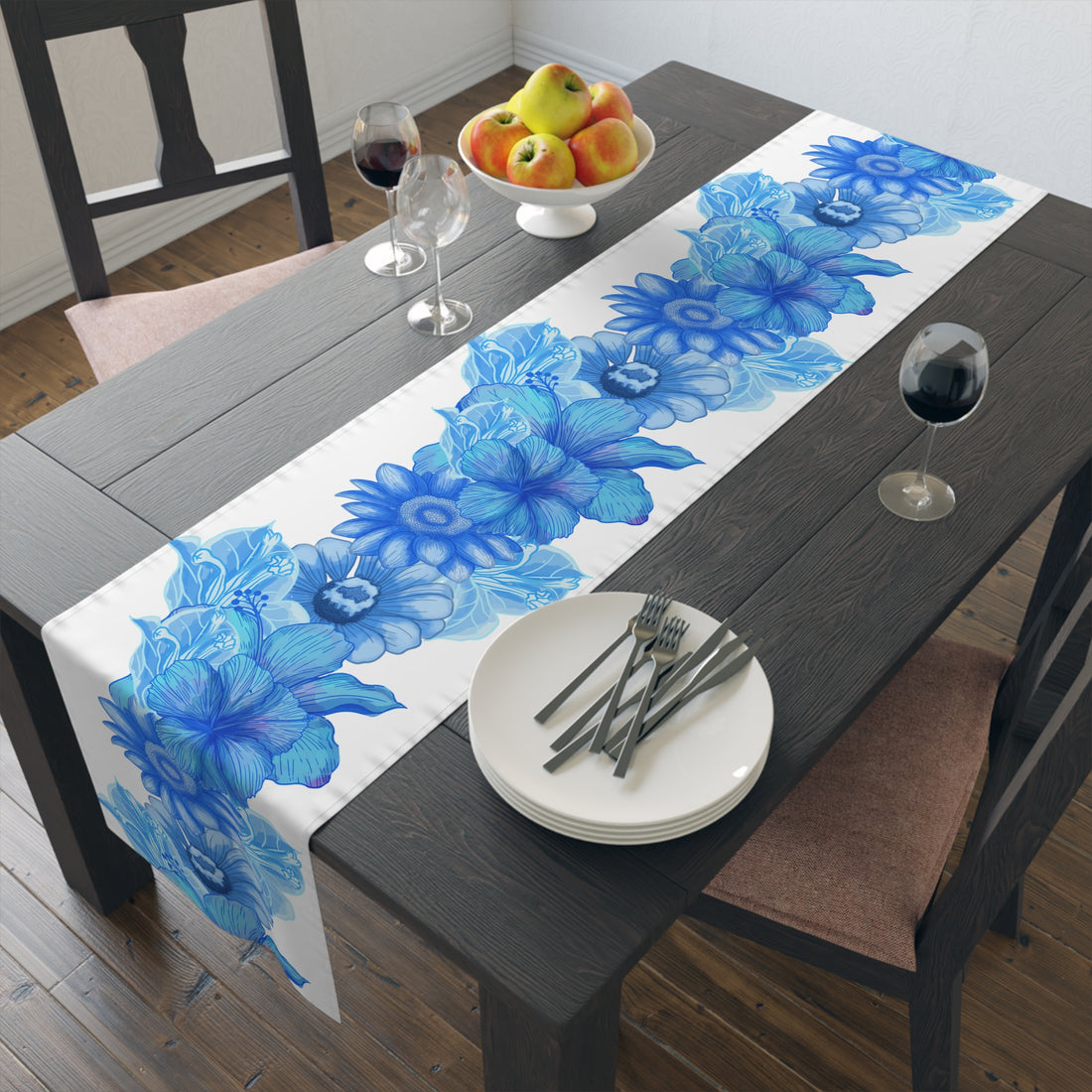 Chinoiserie, Blue And White, Tropical Floral, Hibiscus, Daisy, Dining Room, Kitchen, Side Board Table Wedding Table Runner