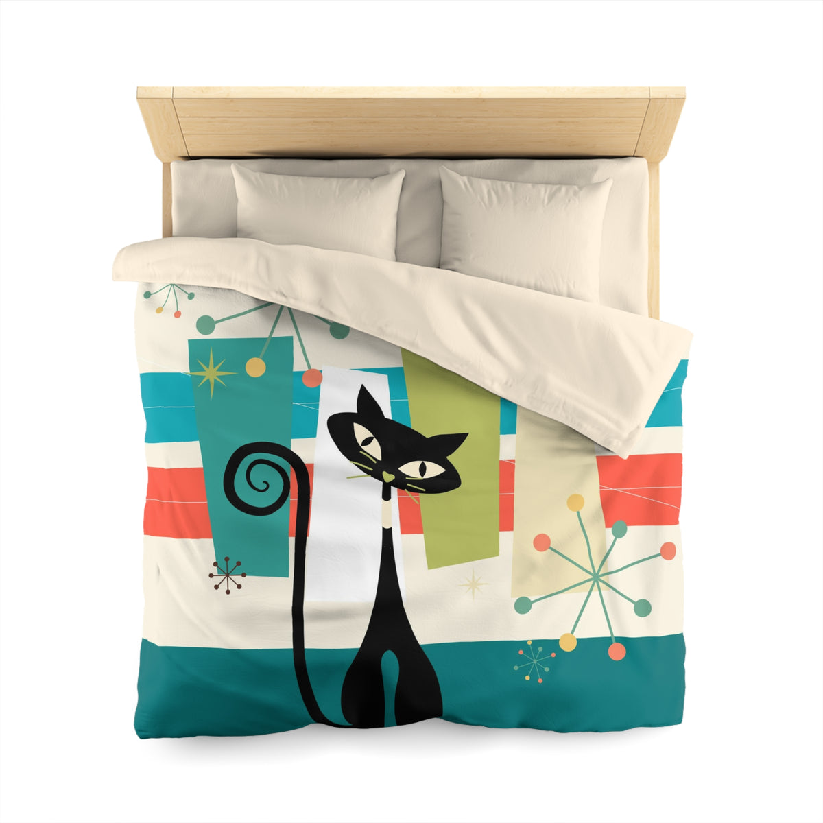 Mid Cenury Modern Atomic Cat, MCM Bedding, Starbursts,Teal, Orange,  KItschy Quirky Fun Duver Cover - Mid Century Modern Gal