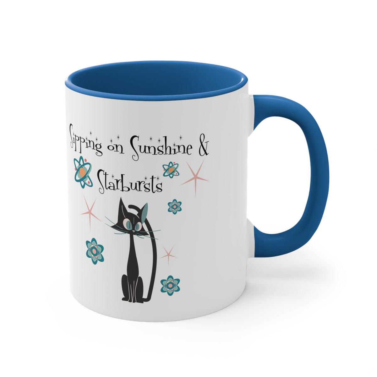 Atomic Cat Coffee Mug, Sipping On Sunshine, Mid Century Modern Style, Atoms, Starbursts Gifts For Couples, Mom, Mid Mod Friend - Mid Century Modern Gal