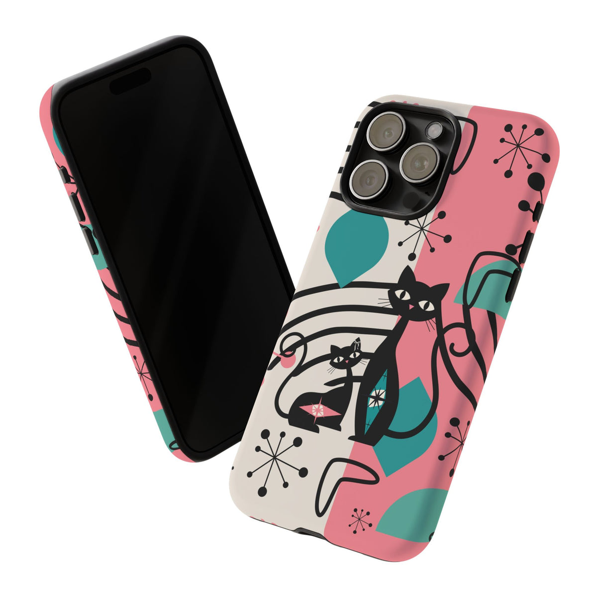 Mid Mod Atomic Cat Boomerang Starburst, Pink, Black Kitschy Stylish Cat Phone Case: Modern Design for Cat Lovers