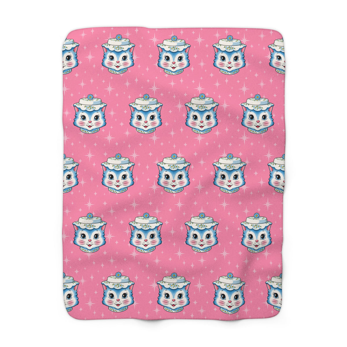 Mid Century Modern Kitschy Anthropomorphic Blue Cat with Floral Hat Sherpa Fleece Blanket - Mid Century Modern Gal