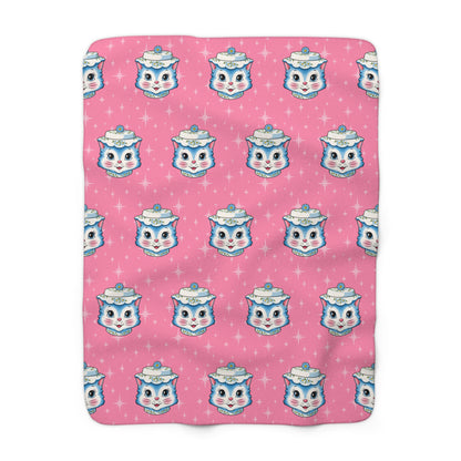 Mid Century Modern Kitschy Anthropomorphic Blue Cat with Floral Hat Sherpa Fleece Blanket - Mid Century Modern Gal