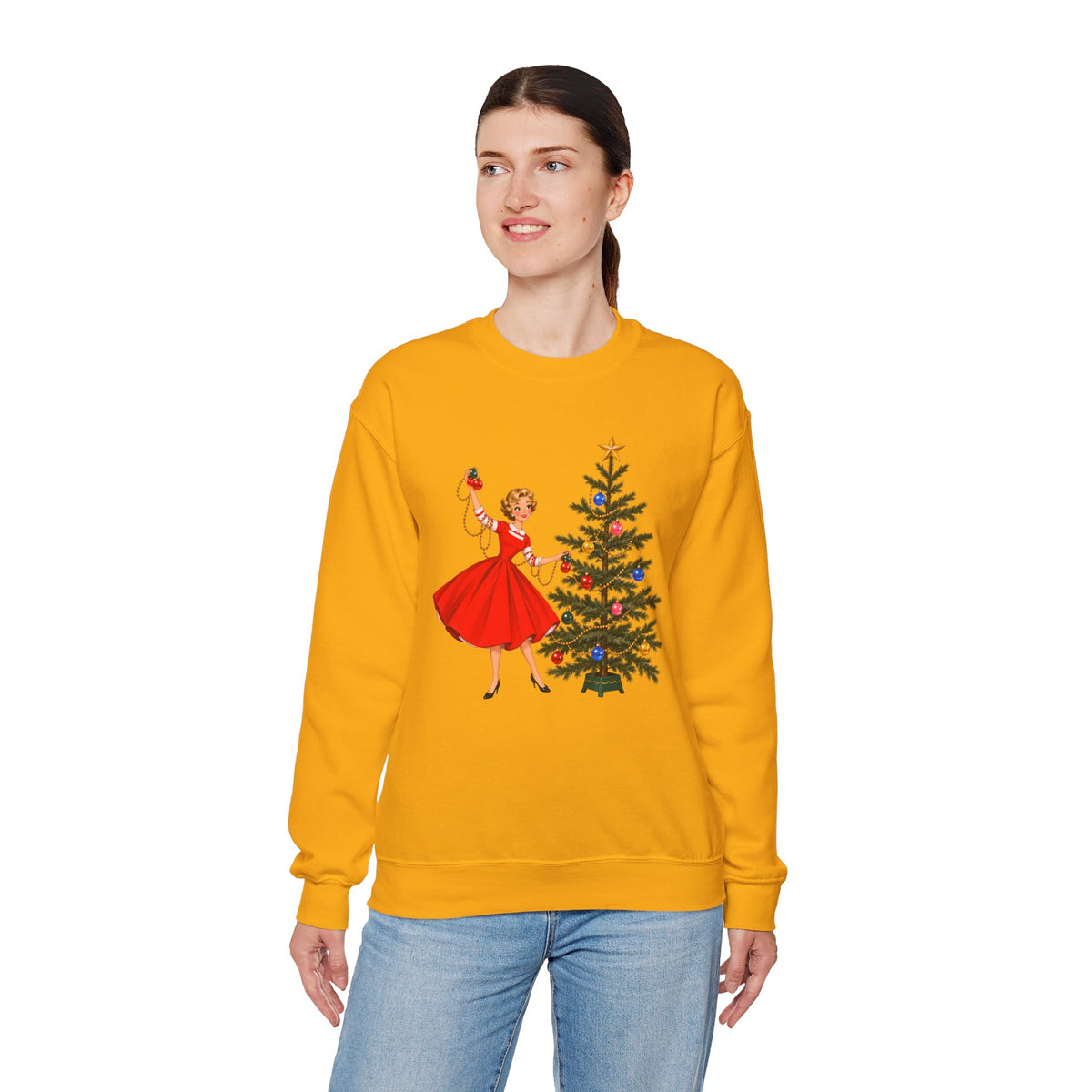 Mid Century Modern Gal Decorating Christmas Tree Unisex Heavy Blend™ Crewneck Sweatshirt - Mid Century Modern Gal