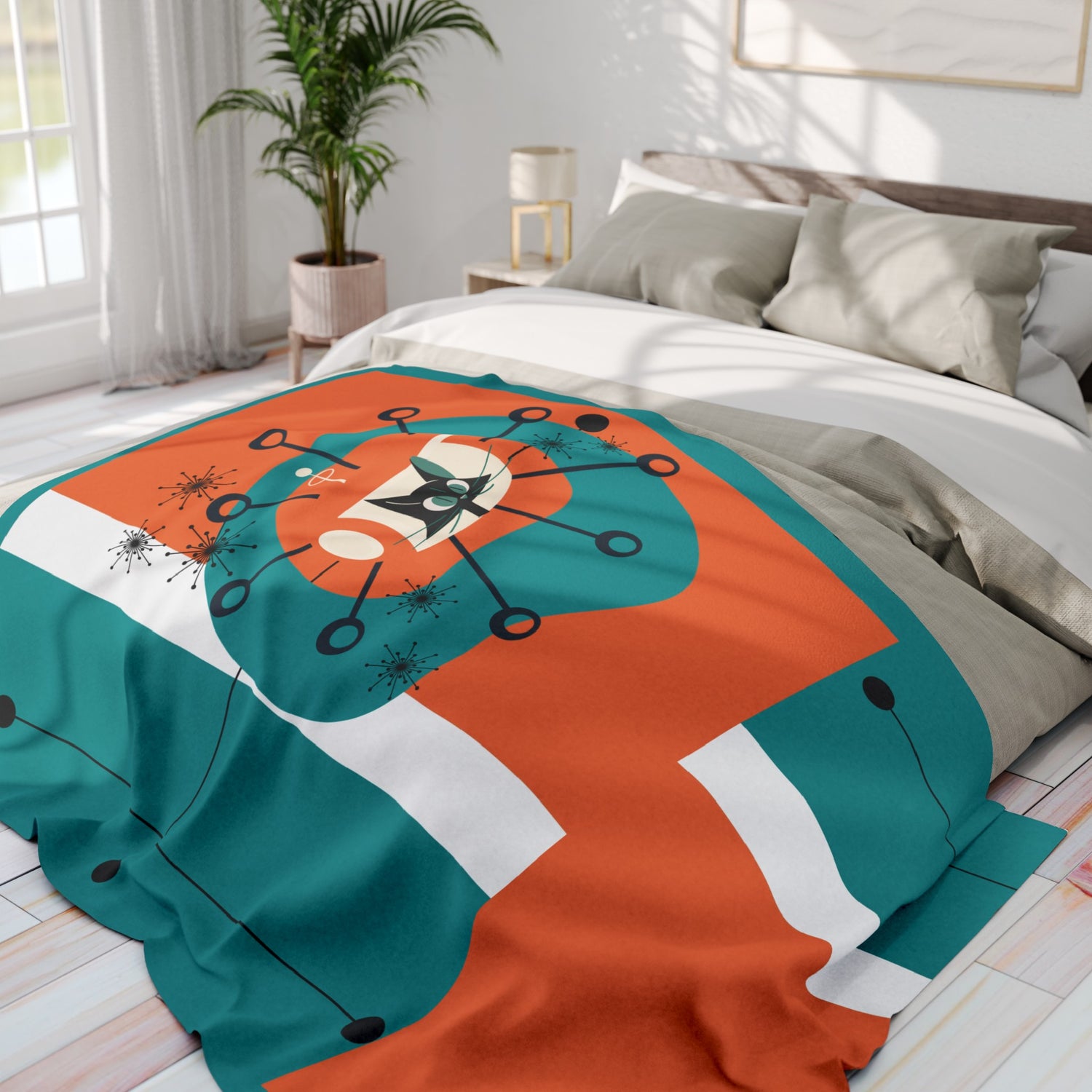 Mid Century Modern Orange Teal Atomic Space Kittie, MCM Lightweight Fleece Blanket