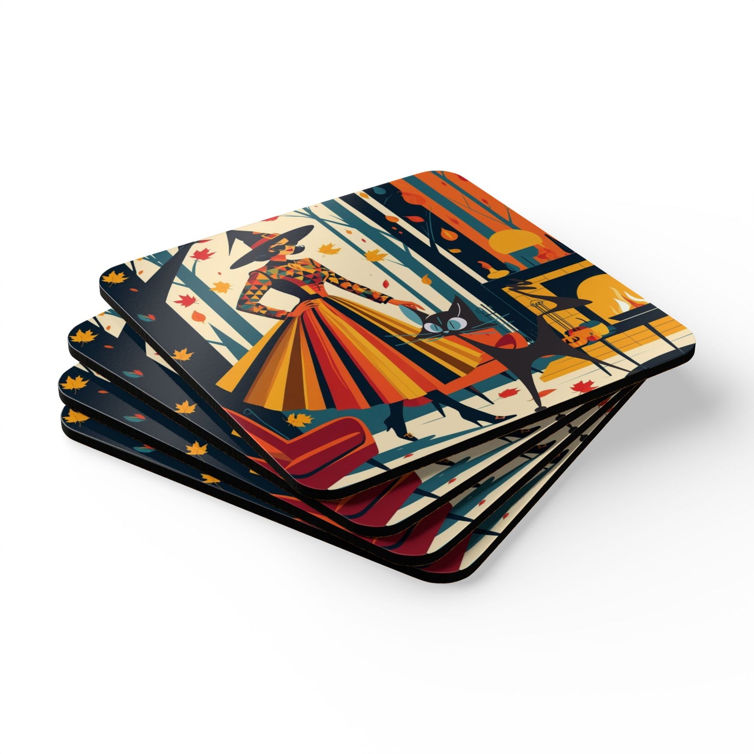 Halloween Kitsch Witch Atomic Cat, Quirky Fun Fall Halloween Corkwood Coaster Set - Mid Century Modern Gal