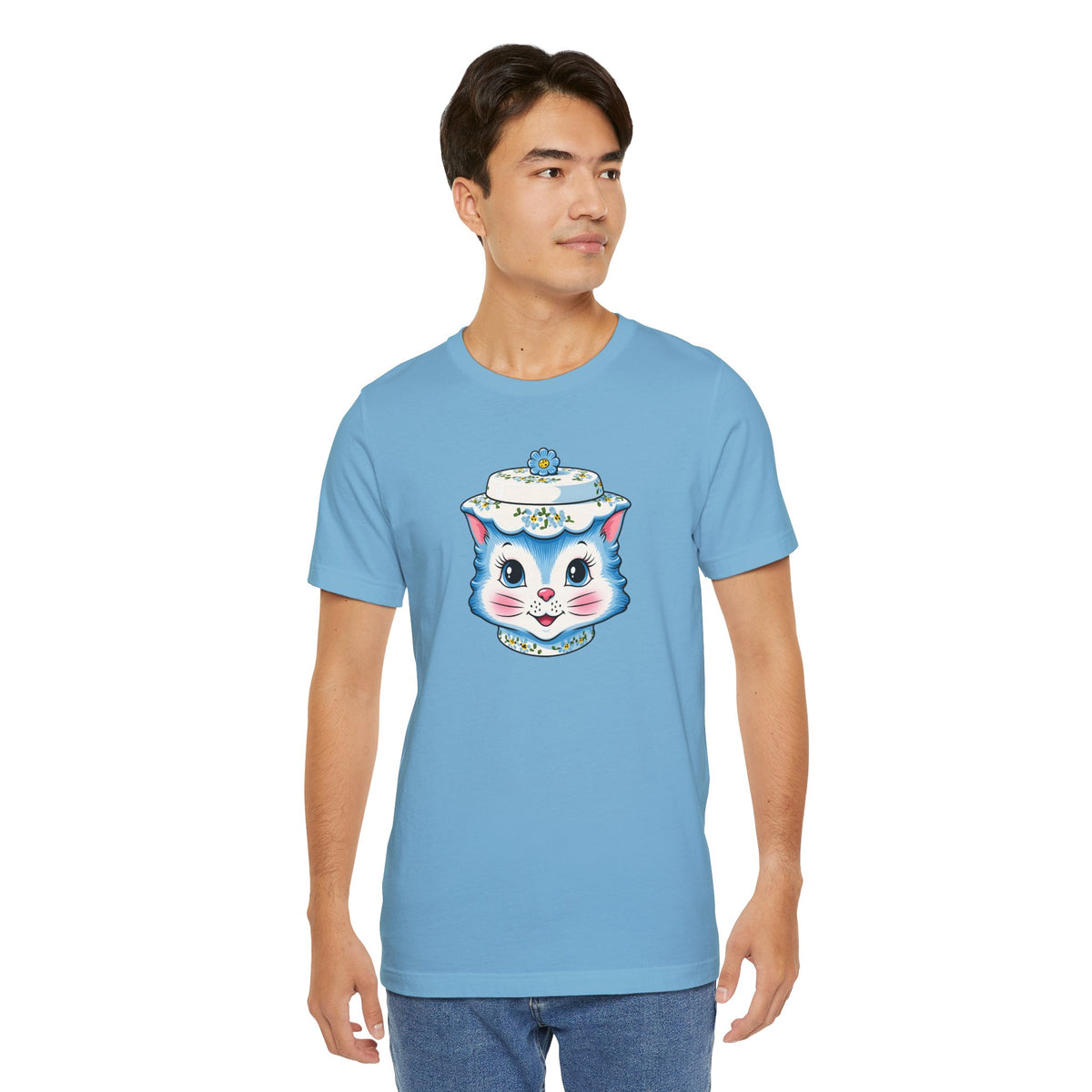 Mid Century Modern Kitschy Anthropomorphic Blue Cat with Floral Hat Unisex T-Shirt