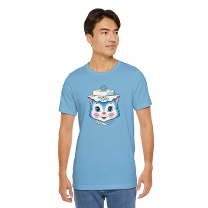Mid Century Modern Kitschy Anthropomorphic Blue Cat with Floral Hat Unisex T-Shirt