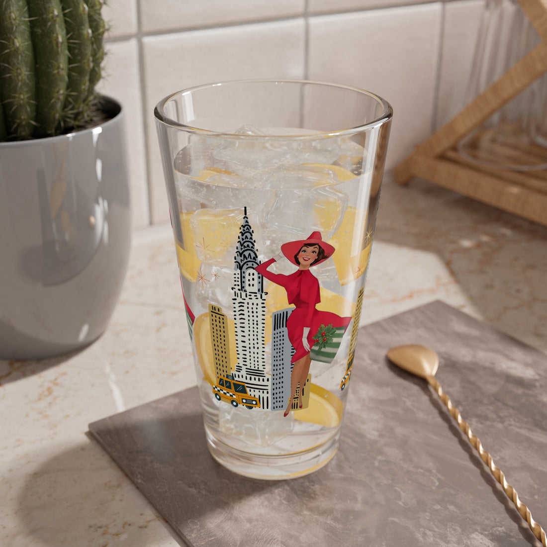 Mid Century Modern Christmas Glam Gal Chic NYC Mixing Glass - 16oz Decorative Drinkware with Iconic Skyline and Holiday Celebration Design - Mid Century Modern Gal