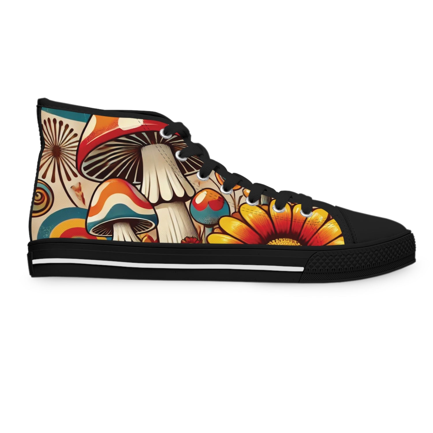 70s Mushroom Flower Power Bohemian Style High Top Sneakers with Floral and Mushroom Design - Mid Century Modern Gal