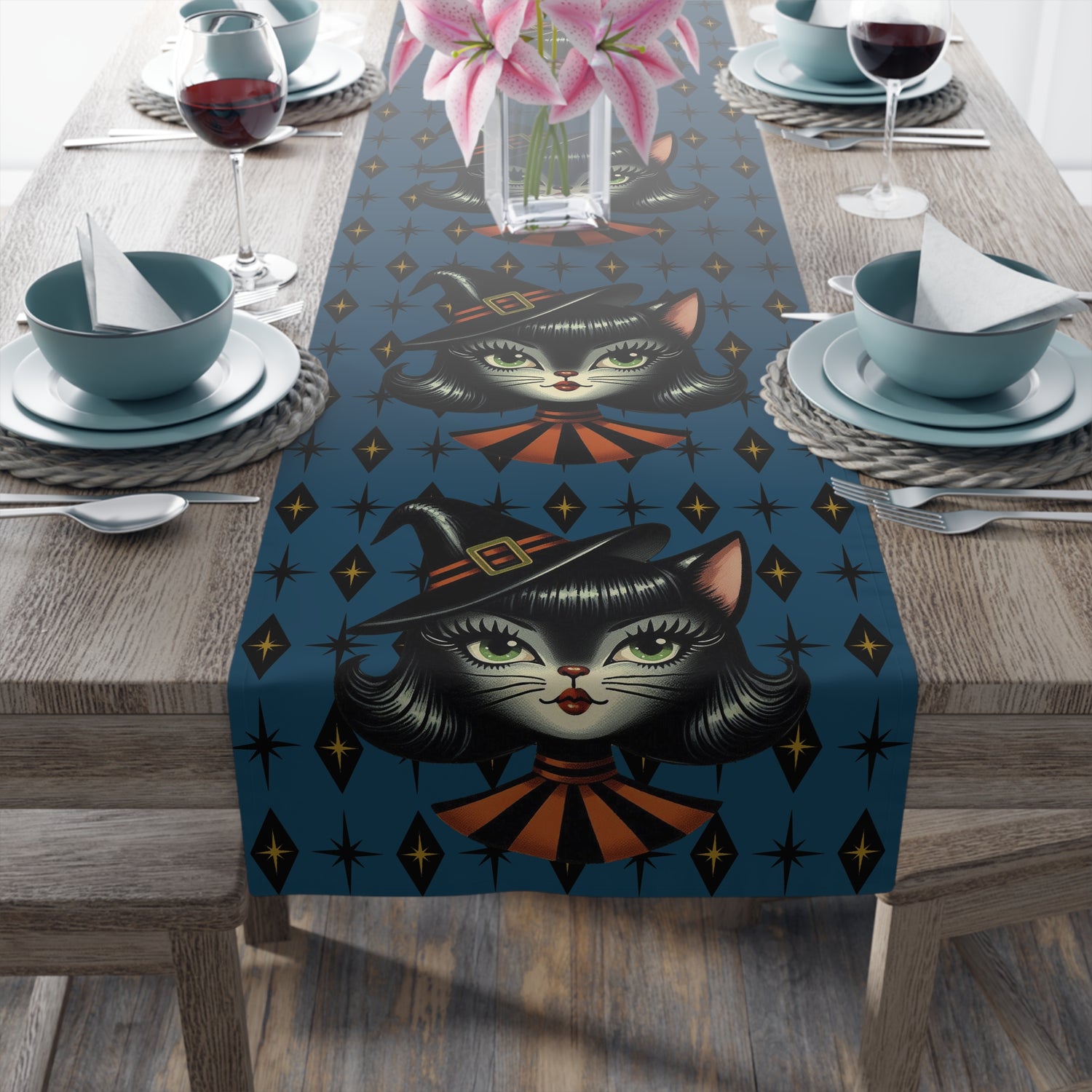 Vintage Halloween Black Cat Sexy Sexton Mid Century Modern Blue Table Runner - Mid Century Modern Gal