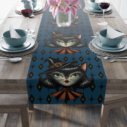 Vintage Halloween Black Cat Sexy Sexton Mid Century Modern Blue Table Runner - Mid Century Modern Gal