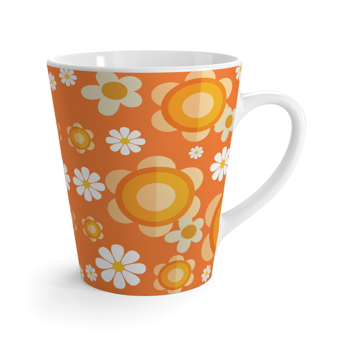 Retro Floral Latte Mug - Bright Orange Flower Design for Coffee Lovers - Mid Century Modern Gal