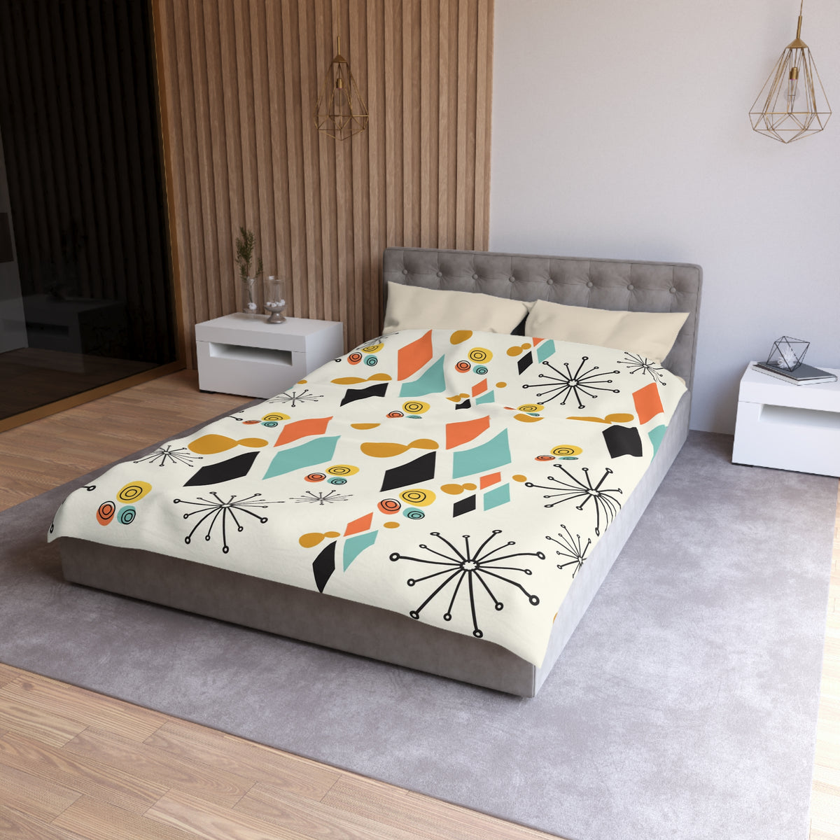 Mid Century Modern Bedding,  Atomic Diamond, Sputnik,Beige, Aqua, Coral,Mustard Yellow, Retro Mod Duvet Covers - Mid Century Modern Gal