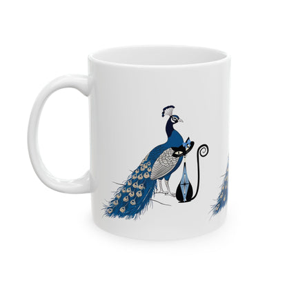 Atomic Cat Mug Blue Chinoiserie Peacock MCM Black Cat Mug  Vintage Inspired  Gift Elegant Peacock Ceramic Mug - Mid Century Modern Gal