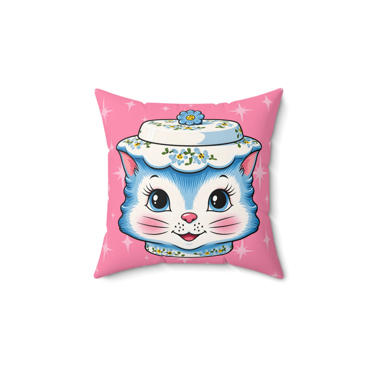 Mid Century Modern Kitschy Anthropomorphic Blue Cat with Floral Hat Pillow Cover and Insert - Mid Century Modern Gal