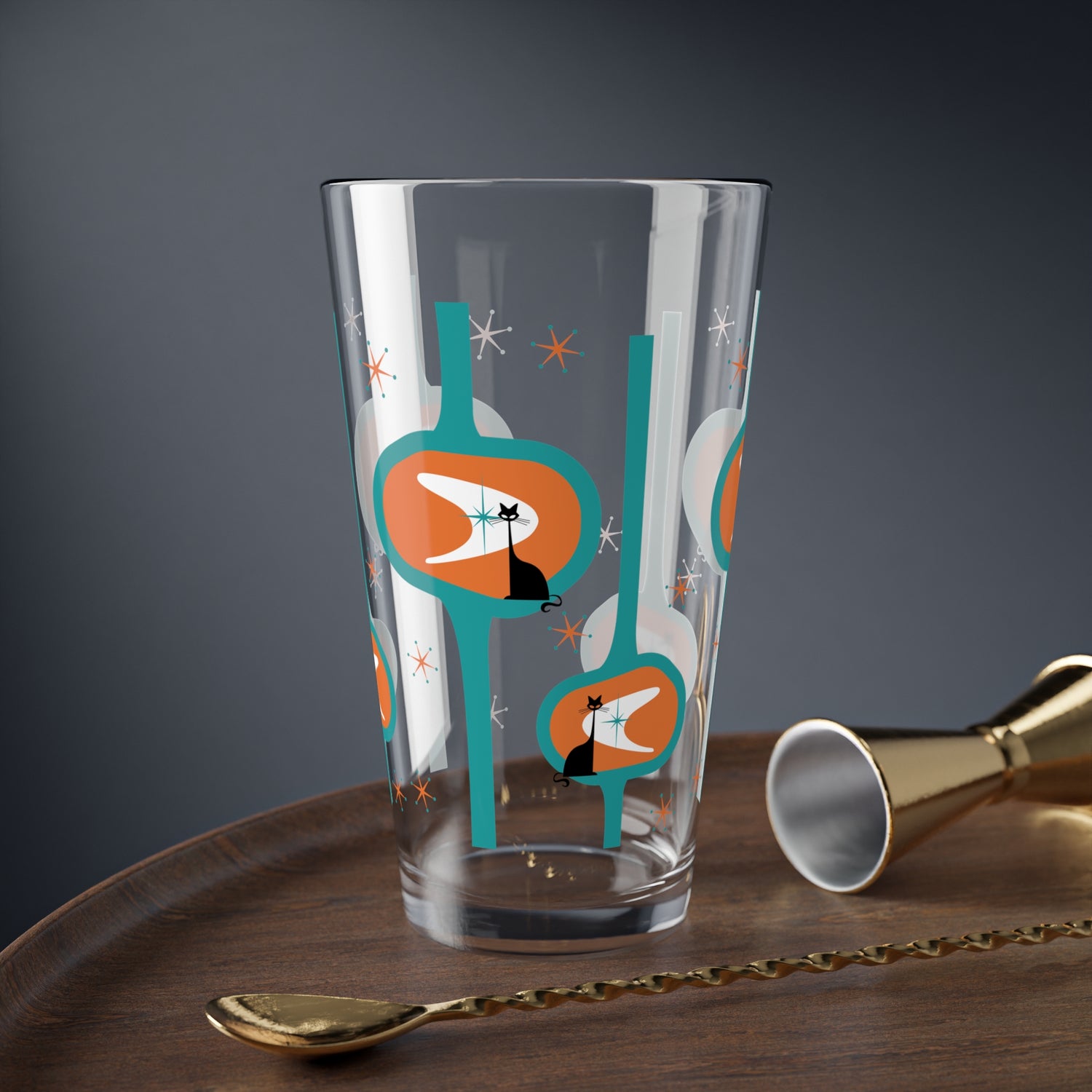 Atomic Cat Retro Mod Barware, Orange, Teal MCM Kitschy Mod 50s Inspired Glassware