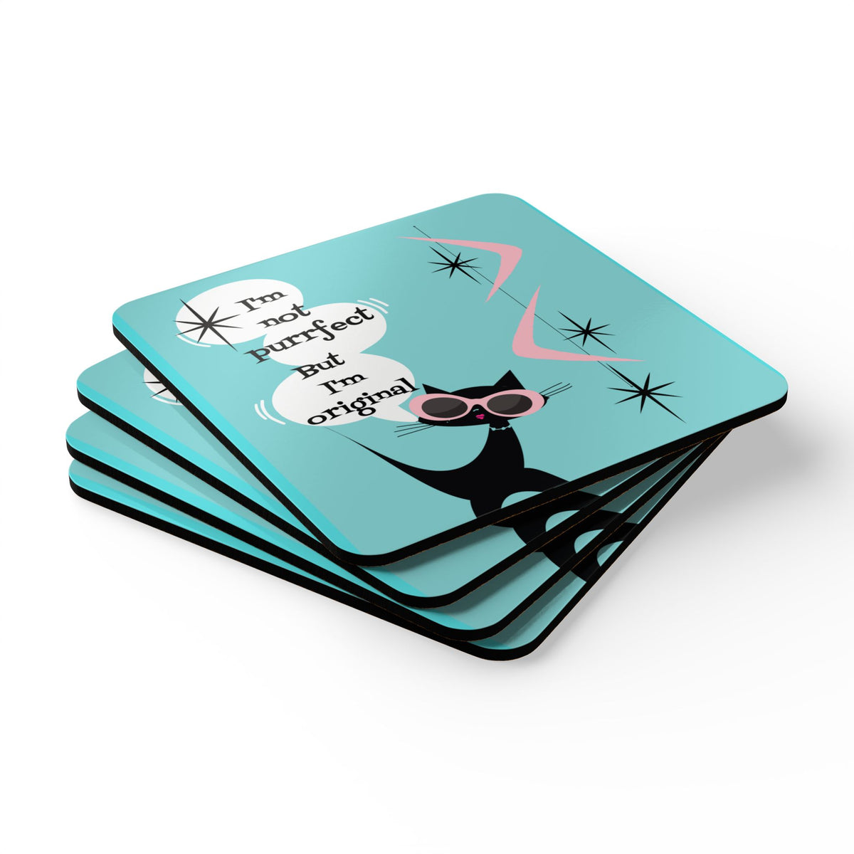 Atomic Cat Funny Retro Turquoise Blue I'm Not Purrfect, But I'm Original Mid Century Modern Boomerang Pink, Black Corkwood Coaster Set - Mid Century Modern Gal