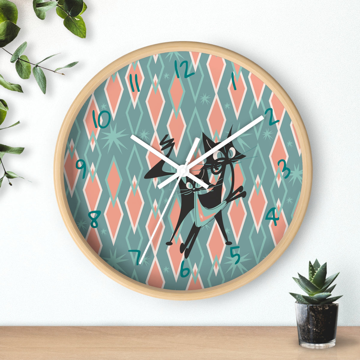 Retro Kitchen Wall Clock For Atomic Cat Black Cat Lovers, Mid Century Modern Designed, Teal, Pink Harlequin Diamond Designed MCM Clock - Mid Century Modern Gal