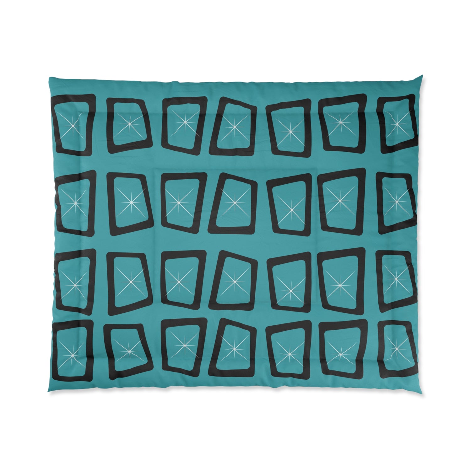 Mid Century Modern Teal Blue Black Geometric StarburstStar Comforter – Modern Bedding for Cozy Spaces - Mid Century Modern Gal