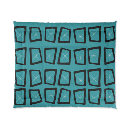 Mid Century Modern Teal Blue Black Geometric StarburstStar Comforter – Modern Bedding for Cozy Spaces - Mid Century Modern Gal