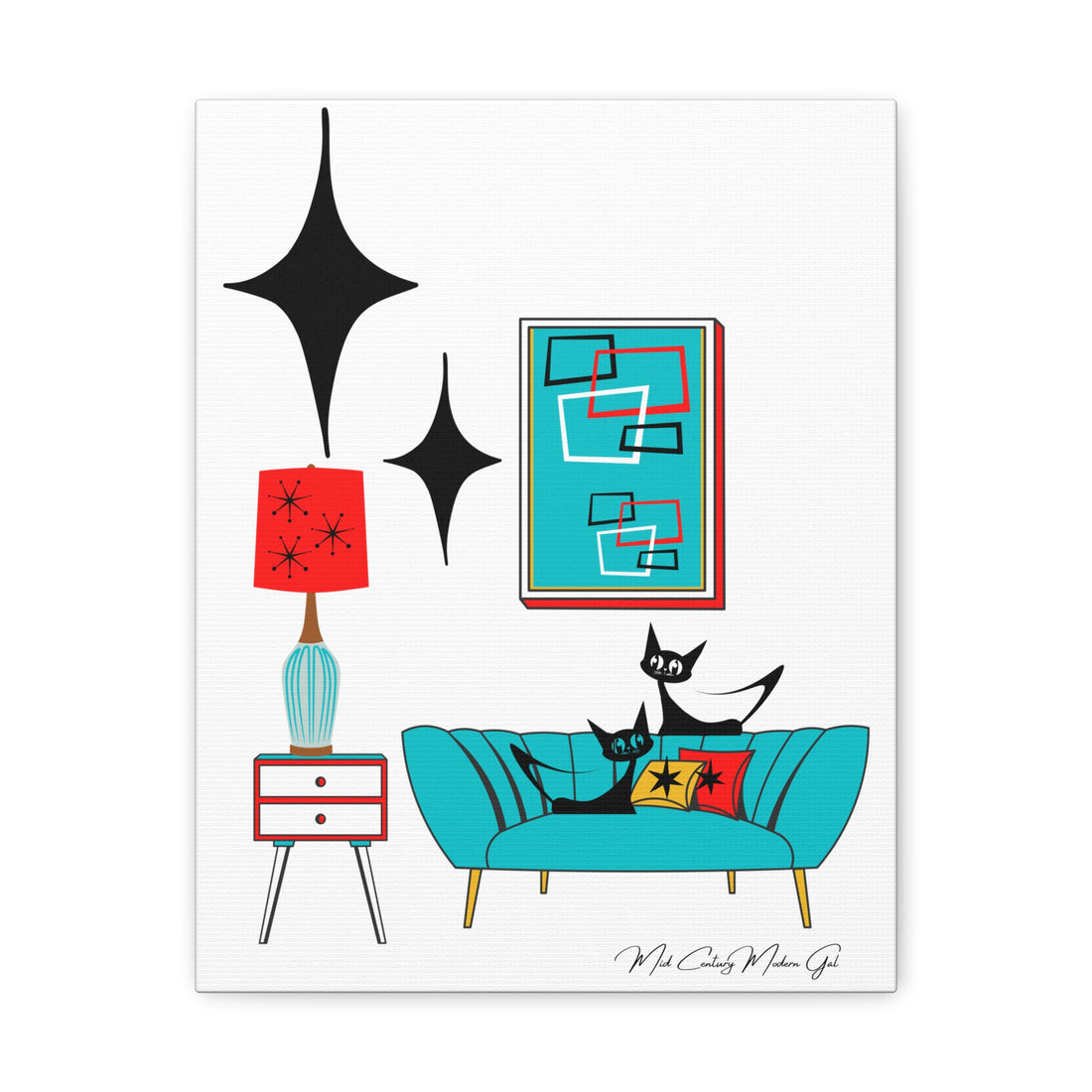 Mid Century Modern Wall Art, Atomic Cat Living Room Retro. Teal Blue, Red, Black Canvas Art - Mid Century Modern Gal