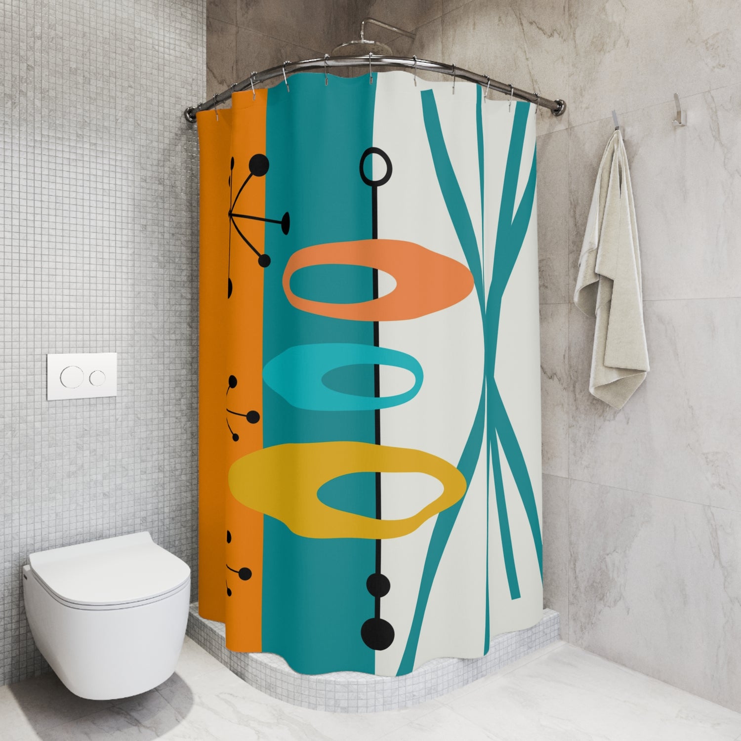 Mid-Century Modern Shower Curtain - Vibrant Orange, Teal  Retro Design for Chic Bathrooms - Mid Century Modern Gal