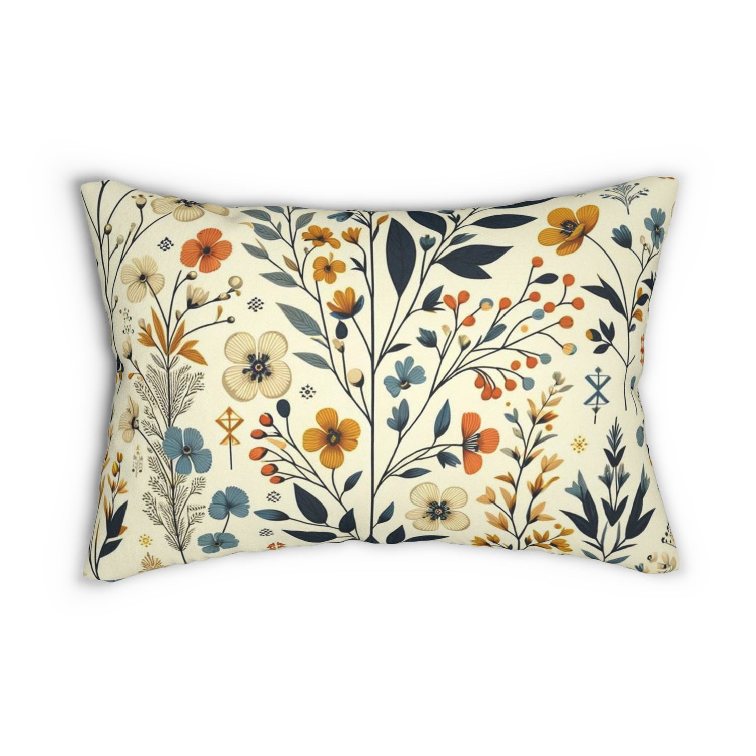 Modern Danish Scandinavian Designed Floral Mid Century Modern Golden Yellow, Royal Blue Lumbar Pillow