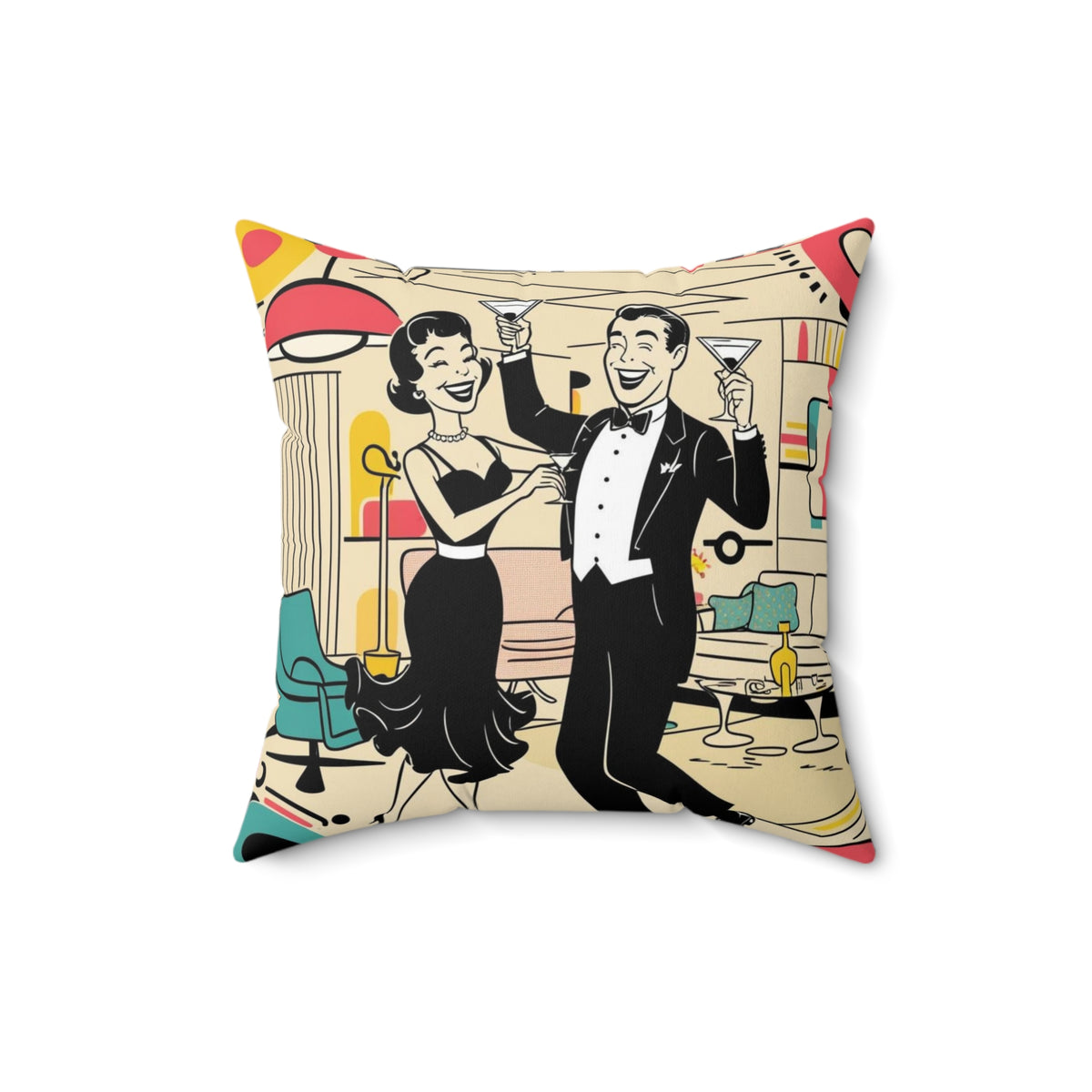 Mid Mod Couple Happy Hour Retro Dance Party Pillow - Vintage 1950s Style Decor Cushion - Mid Century Modern Gal