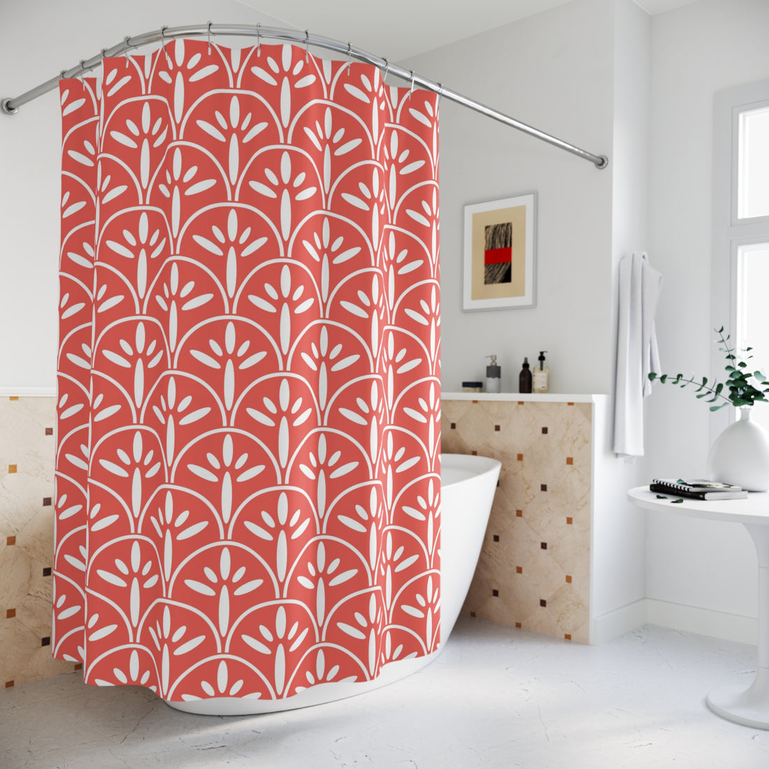 Art Deco Modern Coral Vibrant Floral Shower Curtain - Mid Century Modern Gal