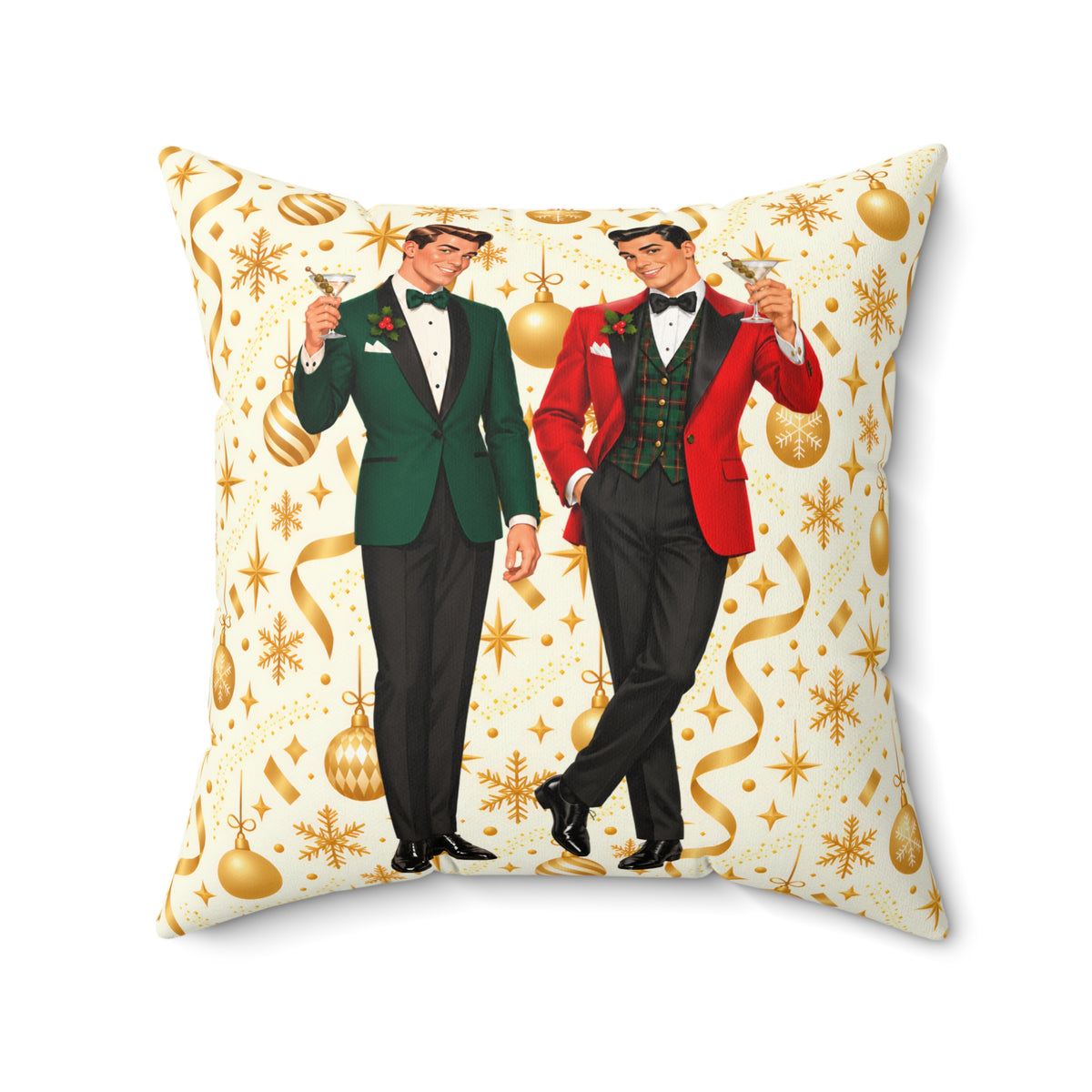 Mid Century Modern Christmas Martini Dapper Gay Male Couple Pillow Cover and Insert