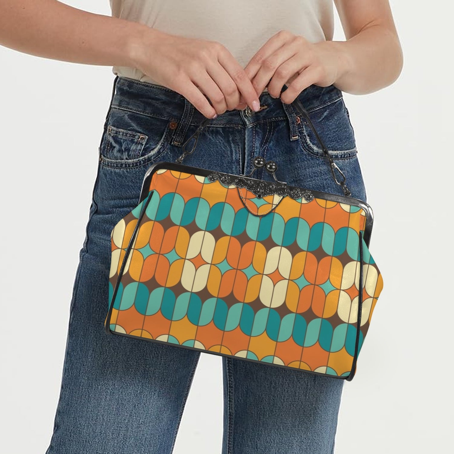 Mid Century Modern Orange Teal Kisslock Crossbody Purse - Mid Century Modern Gal