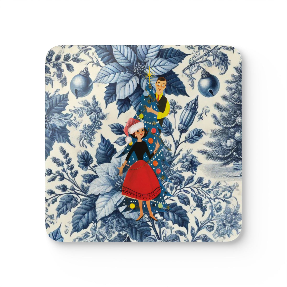 Christmas Blue Toile, Kitschy 50s Holiday Corkwood Coaster Set - Mid Century Modern Gal