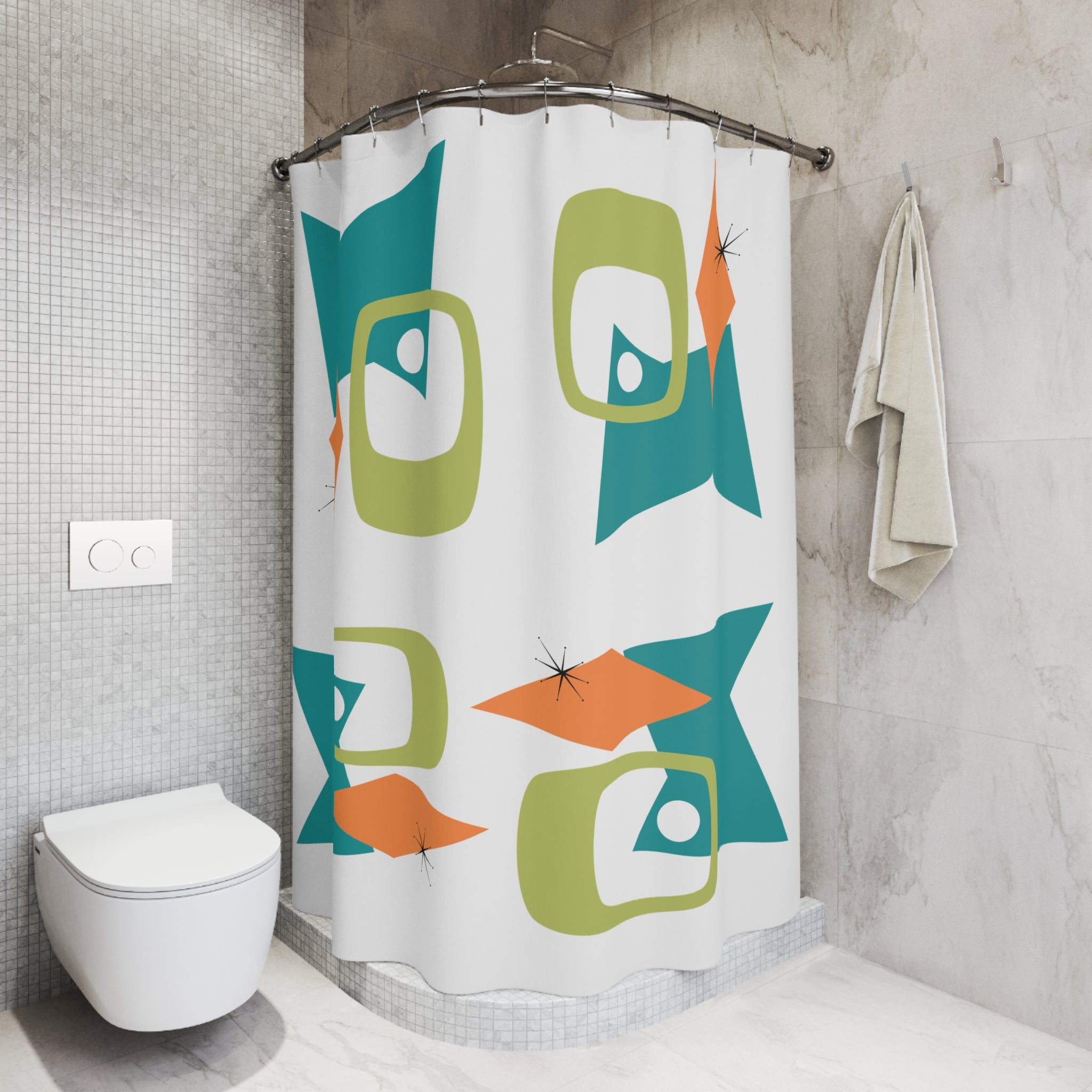 Mid Century Modern Geometric Shower Curtain, Orange, Green, Teal- Stylish Bathroom Decor - Mid Century Modern Gal