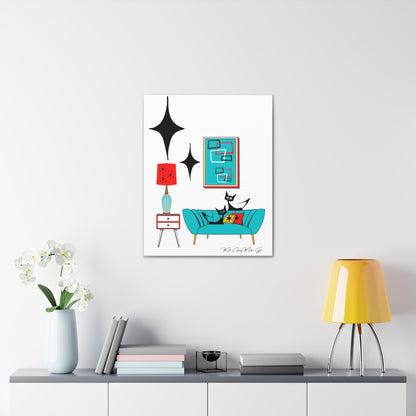 Mid Century Modern Wall Art, Atomic Cat Living Room Retro. Teal Blue, Red, Black Canvas Art