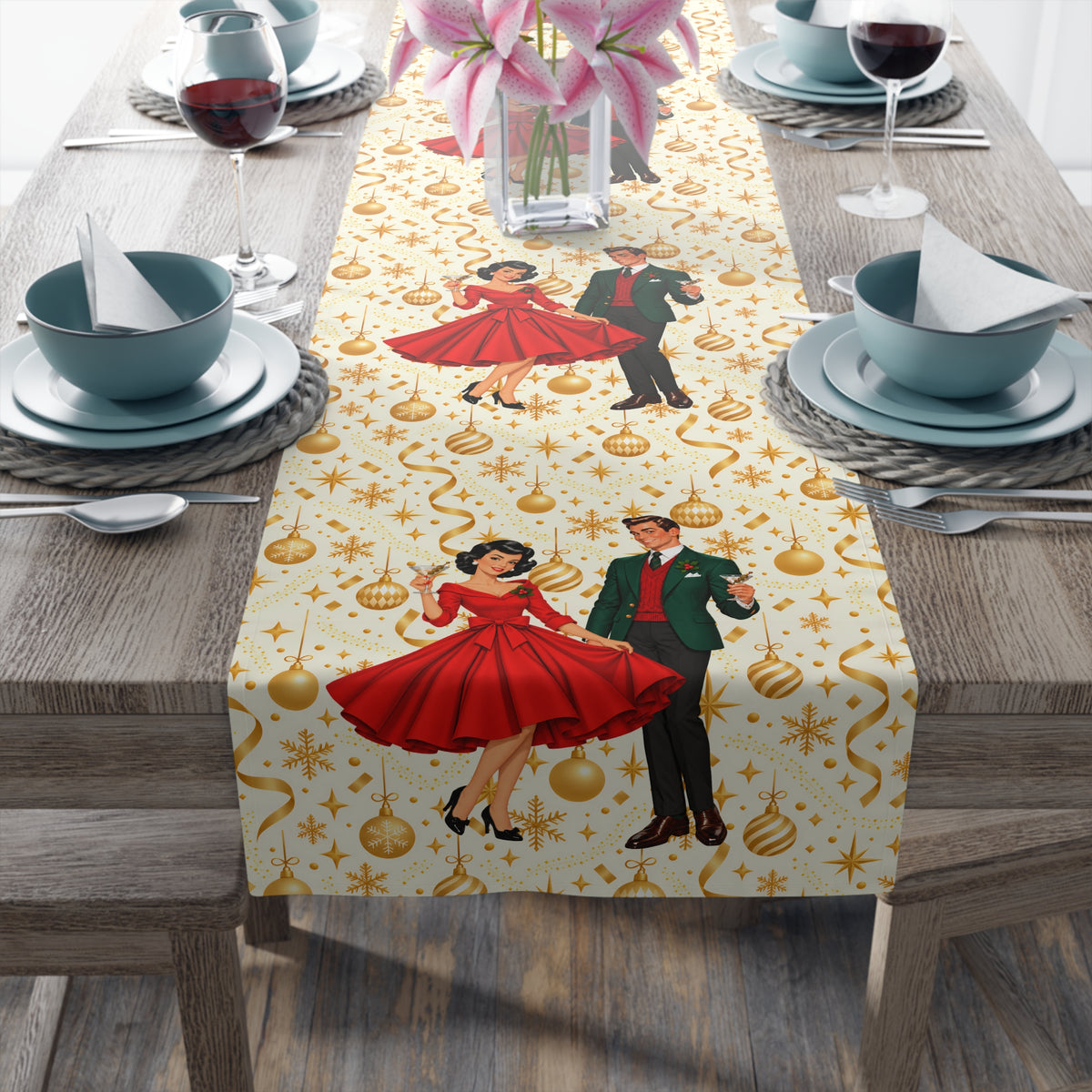 Mid Century Modern Christmas Party Martini Couple Table Runner
