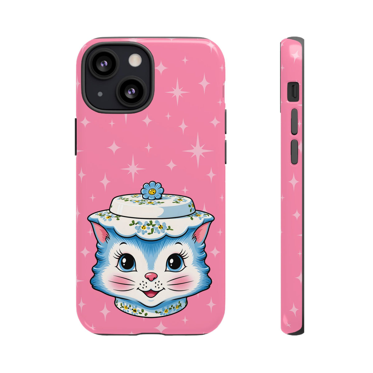 Mid Century Modern Kitschy Anthropomorphic Blue Cat with Floral Hat Tough Phone Case