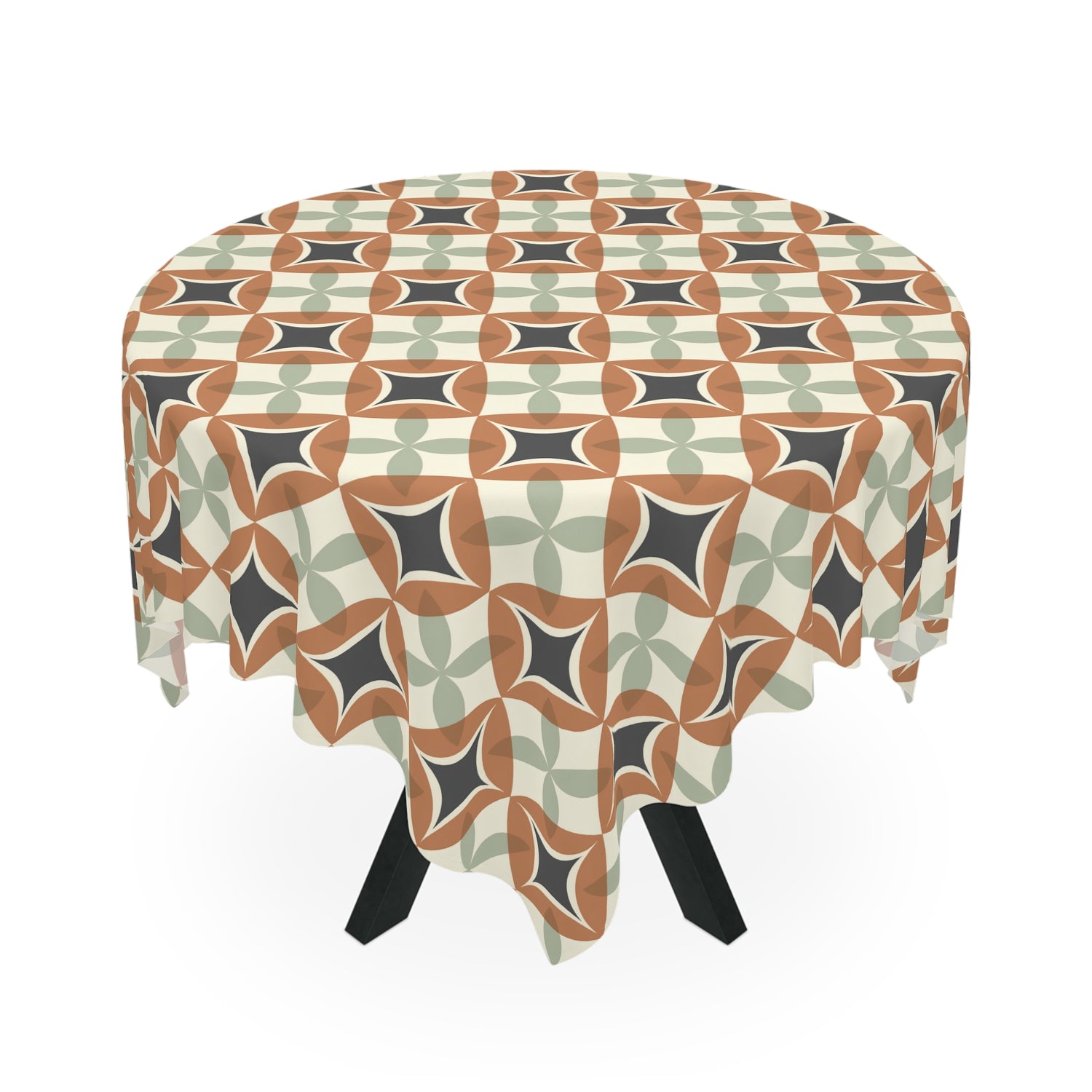 Mid Century Modern Interlocking Geometric, Terracotta Sage Charcoal Tablecloth - Mid Century Modern Gal