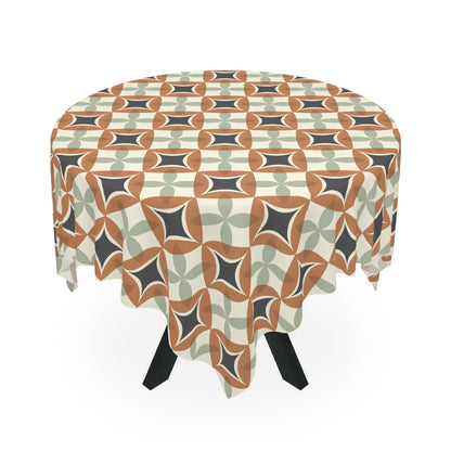 Mid Century Modern Interlocking Geometric, Terracotta Sage Charcoal Tablecloth - Mid Century Modern Gal