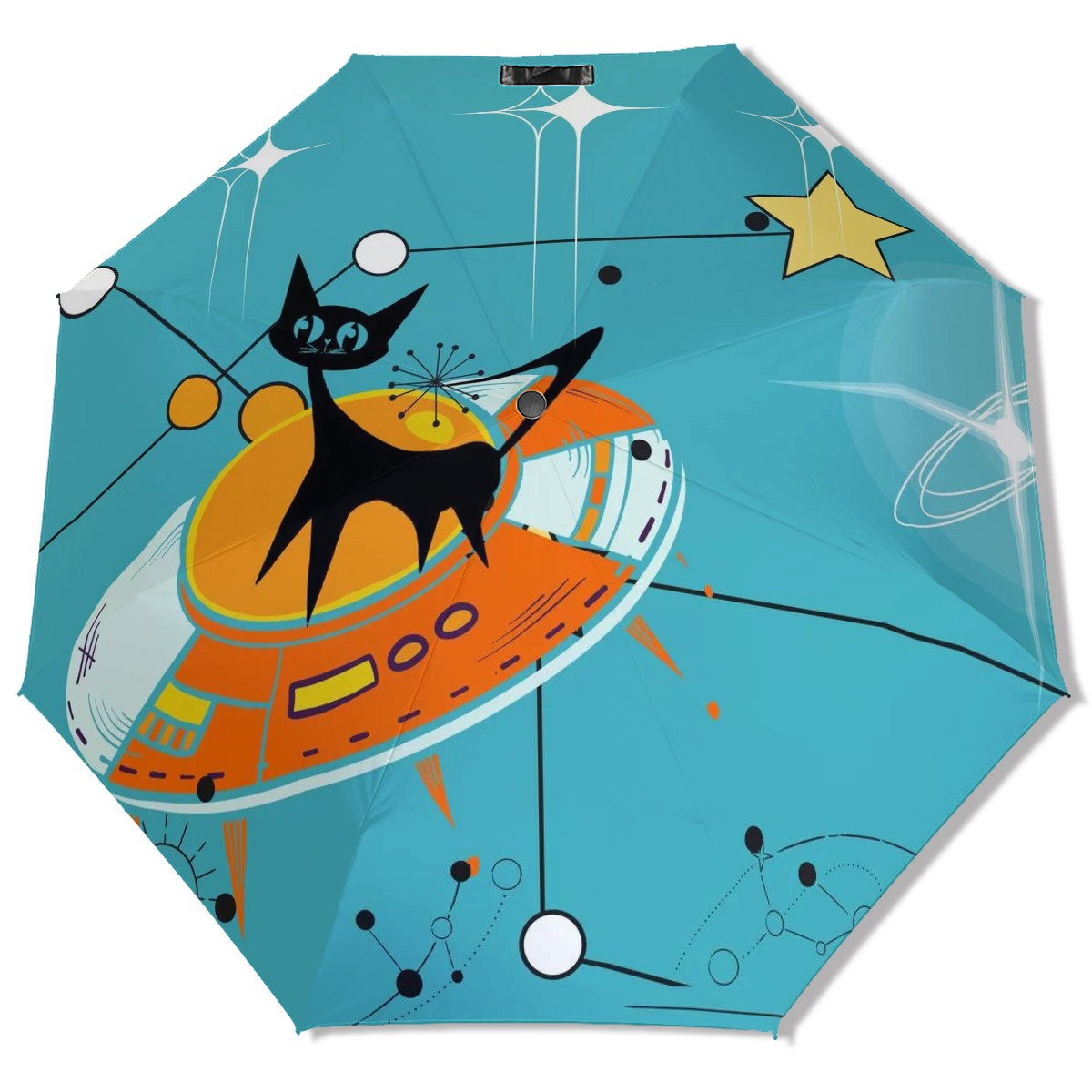 Atomic Space Cat, Quirky Aqua Orange Kitschy Mod UV Protection Umbrella - Mid Century Modern Gal