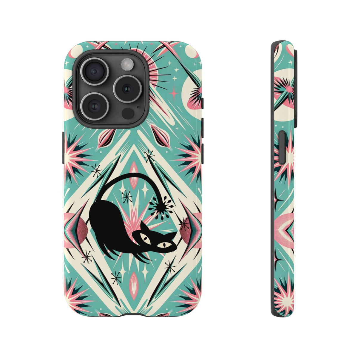 Atomic Cat, Mid Century Modern Aqua Blue, Pink, Starbursts Tough Phone Case