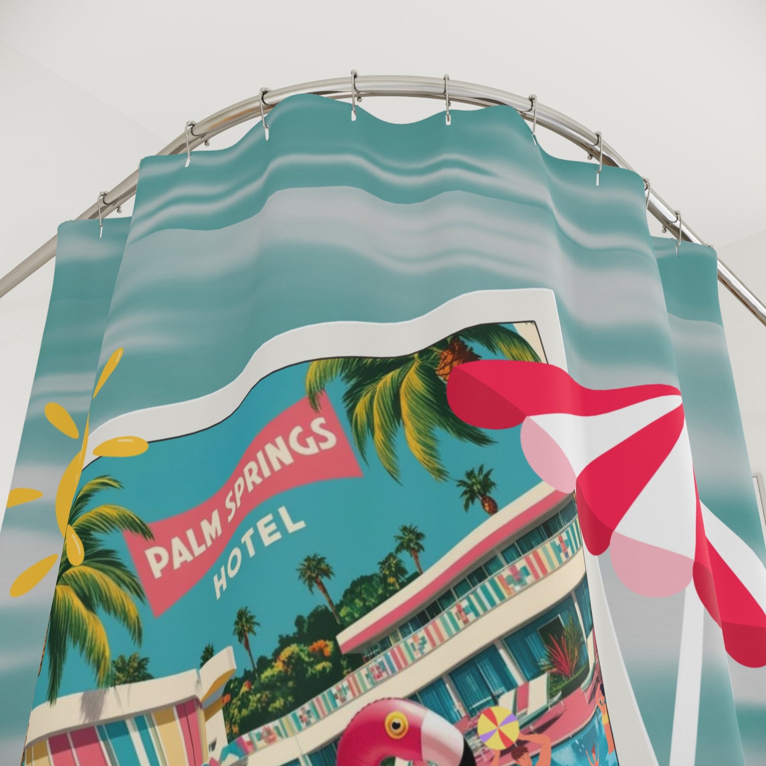 Palms Springs Hotel, Kitschy Flamingo, Atomic Cats Tropical Palm Springs Shower Curtain - Retro Summer Vibes - Mid Century Modern Gal