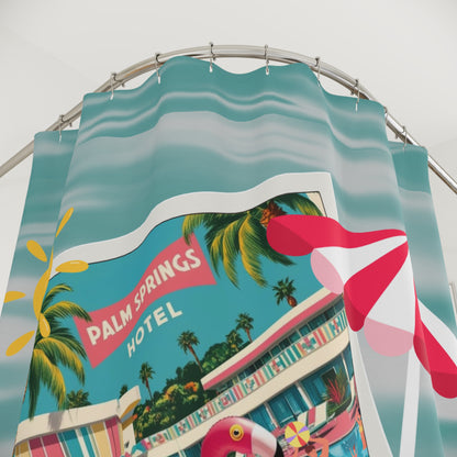 Palms Springs Hotel, Kitschy Flamingo, Atomic Cats Tropical Palm Springs Shower Curtain - Retro Summer Vibes - Mid Century Modern Gal