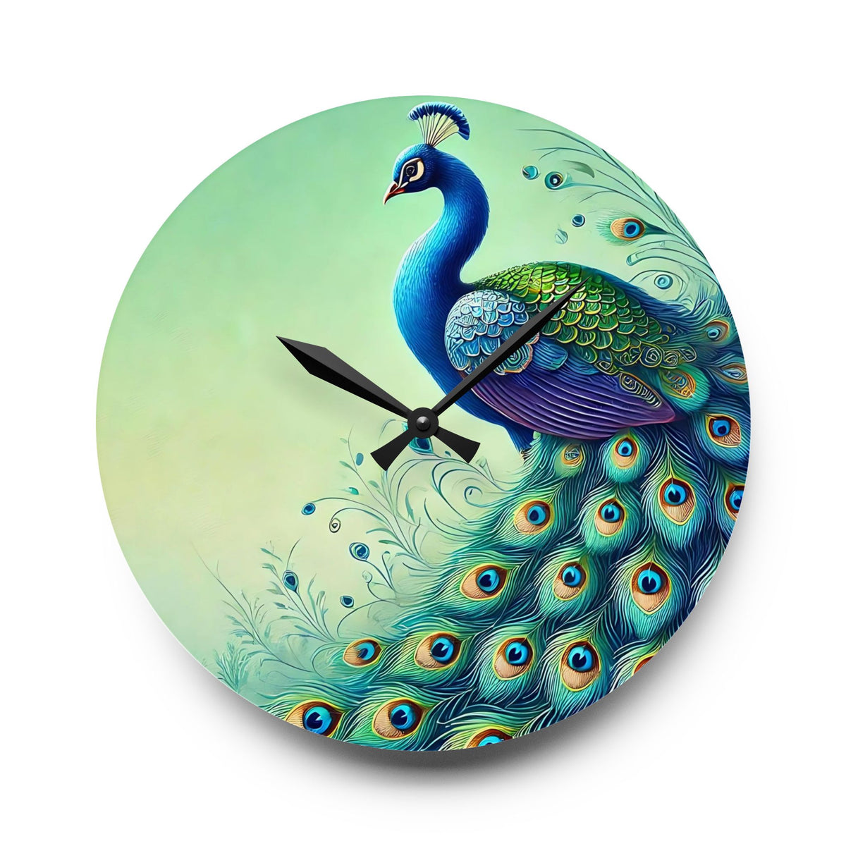 Vibrant Peacock Acrylic Wall Clock - Colorful Home Decor for Nature Lovers - Mid Century Modern Gal