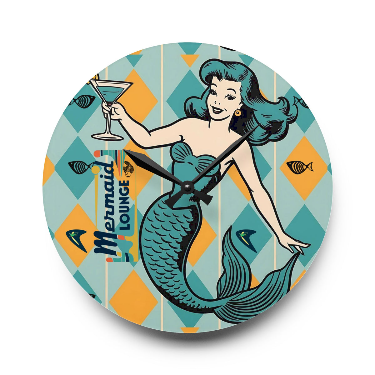 Mermaid Lounge Acrylic Wall Clock - Vintage Coastal Decor for Home - Mid Century Modern Gal