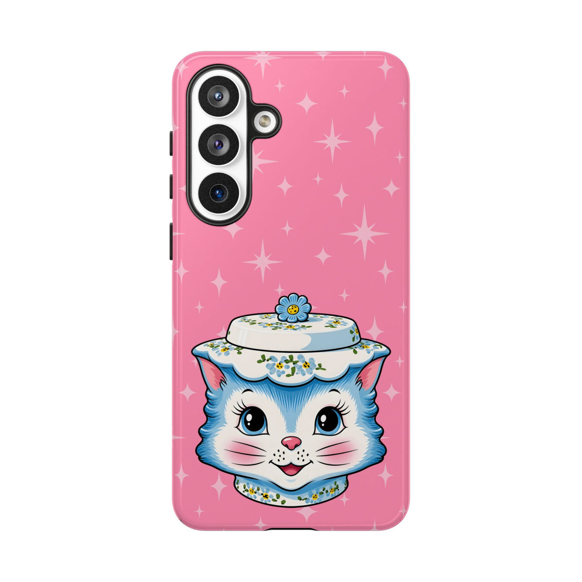 Mid Century Modern Kitschy Anthropomorphic Blue Cat with Floral Hat Tough Phone Case