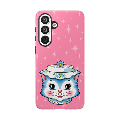 Mid Century Modern Kitschy Anthropomorphic Blue Cat with Floral Hat Tough Phone Case